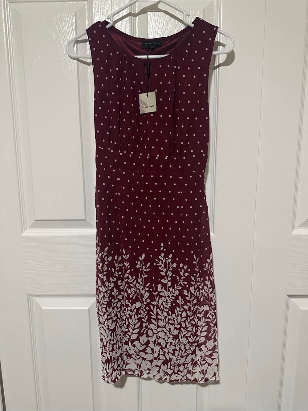 Sleeveless Wine Midi Dress with White Polka Dot & Botanical Print NWT